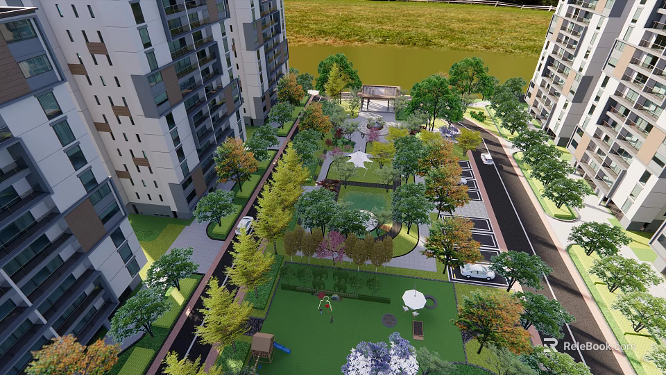 Residential Garden Landscape with Diverse Trees Lawns Playground and Paths Between High Rise Apartments 3d model 
