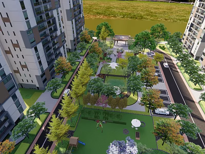 Residential Garden Landscape with Diverse Trees Lawns Playground and Paths Between High Rise Apartments 3d model