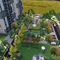 Residential Garden Landscape with Diverse Trees Lawns Playground and Paths Between High Rise Apartments