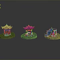 Three Chinese Traditional Pavilion Models With Green Bases And Distinct Roof Designs
