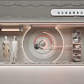 High End Brand Store Window Display With Mannequins In Dresses Circular Decor And Lighting Strips