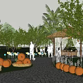 Scenic Rural Orange Orchard Landscape With Stone Path Thatched Pavilion Green Trees And Palm Trees