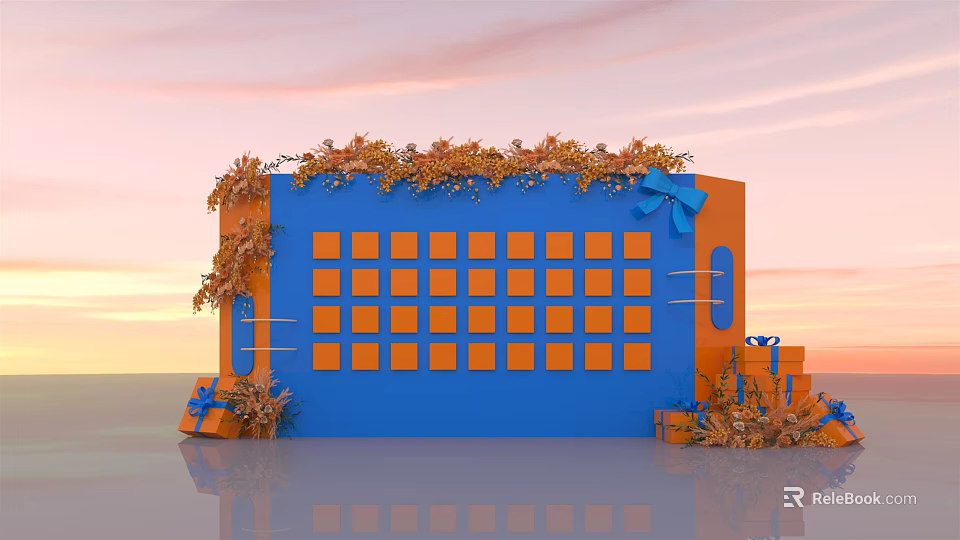 Decorative Display Stand With Blue Orange Panel Grid Gift Boxes And Foliage Against Sunset Sky 3d model