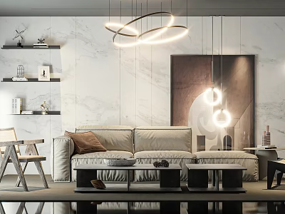 Modern Living Room Sofa Coffee Table Set With Marble Wall And Circular Hanging Lights 3d model