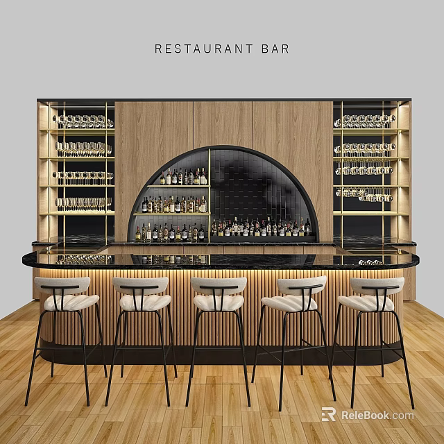 Commercial Bar Equipment With Wooden Cabinets Wine Racks And High Stools 3d model 