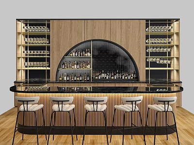 Commercial Bar Equipment With Wooden Cabinets Wine Racks And High Stools 3d model
