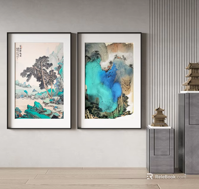 Two Chinese Landscape Paintings With Green Blue Mountain Scenery Hanging On Wall 3d model 