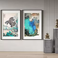 Two Chinese Landscape Paintings With Green Blue Mountain Scenery Hanging On Wall