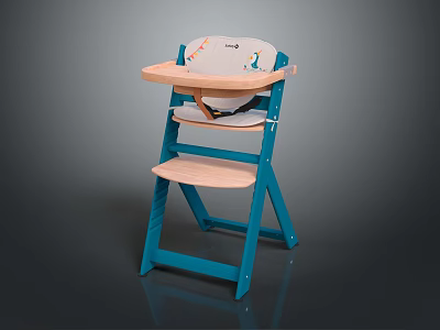 Blue Frame Wooden Children High Chair With Tray And Cartoon Pattern Cushion 3d model
