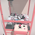 Pink Arcade Claw Machine Filled With Stuffed Toys And Small Plush Animals Nearby