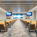 Modern Conference Room With Green Seats Wooden Armrests And World Map Screens