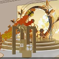 Live Stream Room Setup With Circular Decoration Orange Yellow Flowers And Golden Structures