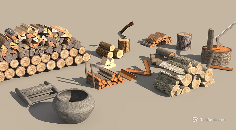 Stone and Wood Collection Featuring Stacked Logs Firewood Axe and Stone Pot 3d model 