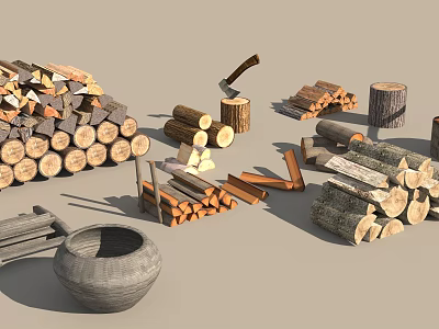 Stone and Wood Collection Featuring Stacked Logs Firewood Axe and Stone Pot 3d model