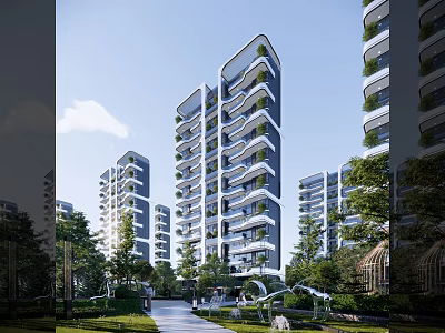 Modern High Rise Residential Building With Green Balconies And Landscaped Gardens 3d model