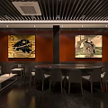 Modern Restaurant Interior Design With Dining Tables Chairs Ceiling Lights And Decorative Paintings
