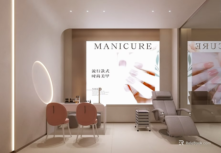 Modern Manicure Salon Interior With Pink Chairs Manicure Table And Screen Showing Manicure 3d model 