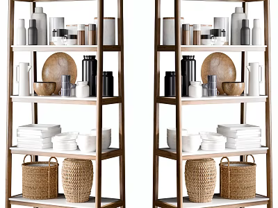 Wooden Tiered Shelves Displaying Kitchen Cookware Plates Bowls Mugs And Woven Baskets 3d model