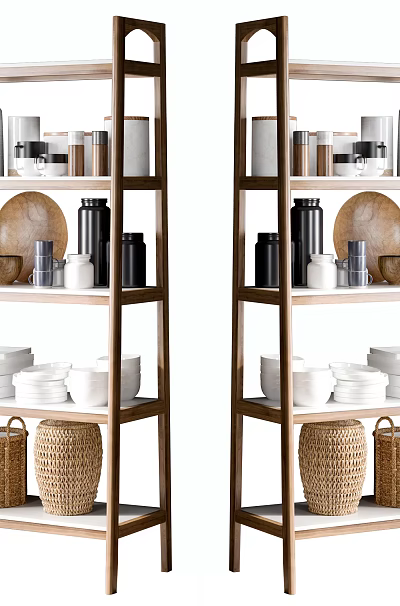 Wooden Tiered Shelves Displaying Kitchen Cookware Plates Bowls Mugs And Woven Baskets 3d model