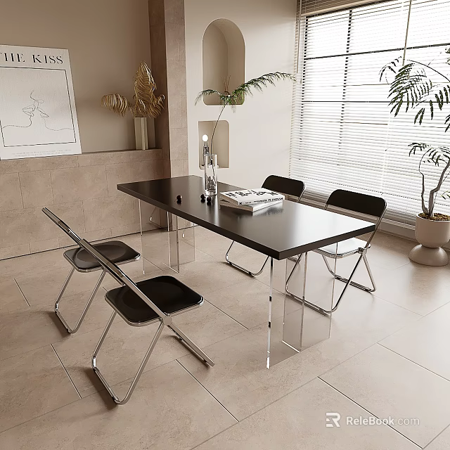 Modern Black Dining Table Set With Metal Frame Chairs And Indoor Plants By Window 3d model 