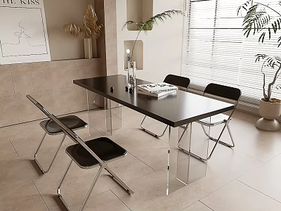 Modern Black Dining Table Set With Metal Frame Chairs And Indoor Plants By Window 3d model
