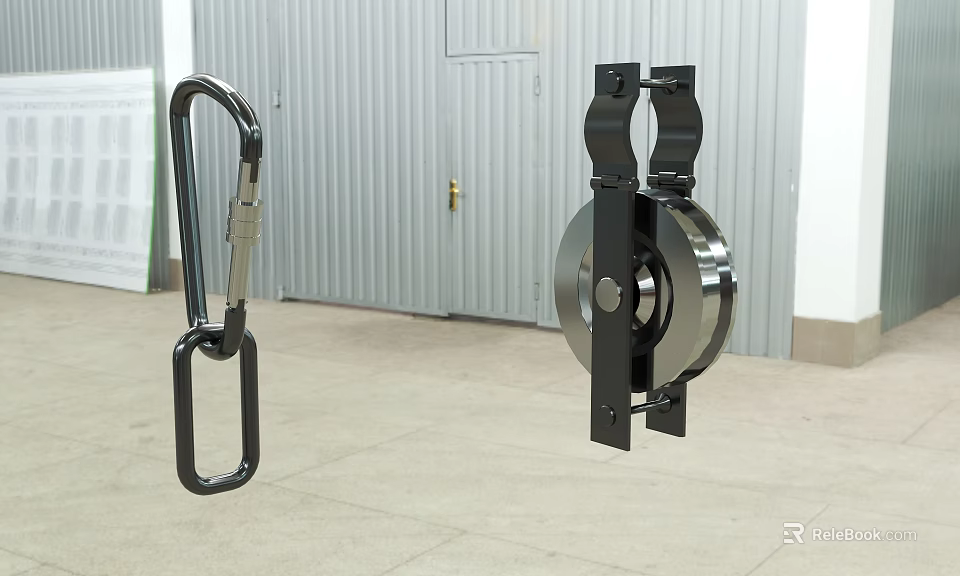 Industrial Metal Hook With Chain And Wheel Mechanical Part On Gray Floor 3d model 