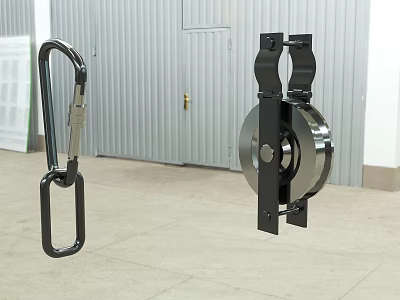 Industrial Metal Hook With Chain And Wheel Mechanical Part On Gray Floor 3d model