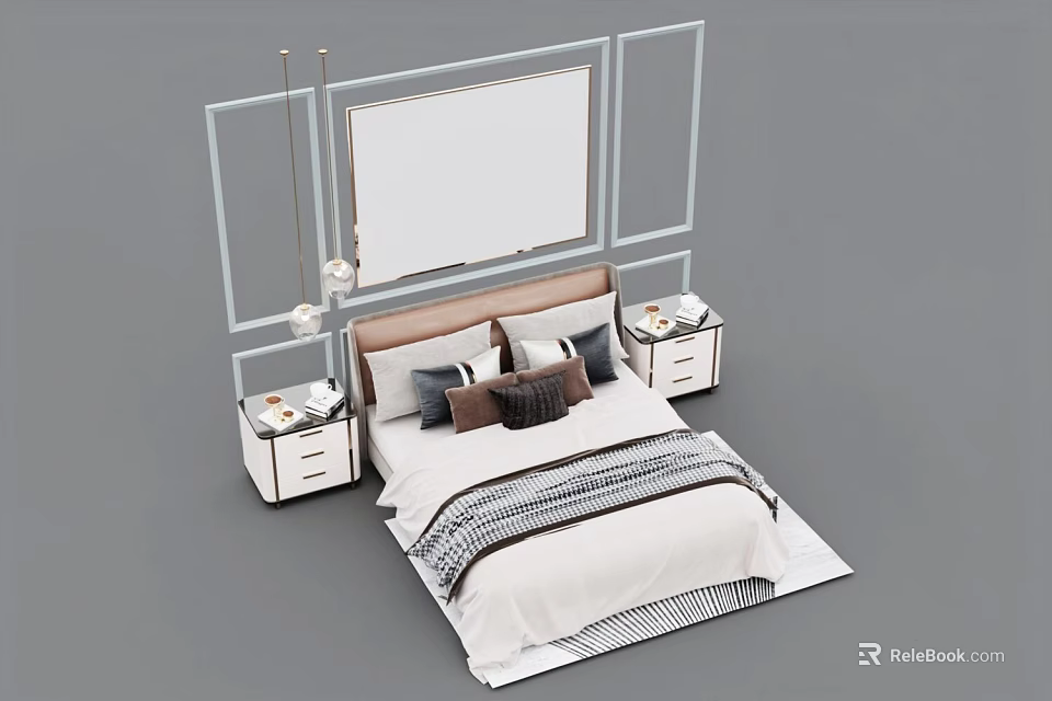 Double Bed with Upholstered Headboard Multiple Pillows Matching Nightstands Table Lamps and Decorative Wall Paneling 3d model 