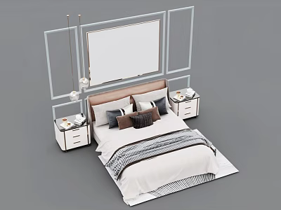 Double Bed with Upholstered Headboard Multiple Pillows Matching Nightstands Table Lamps and Decorative Wall Paneling 3d model