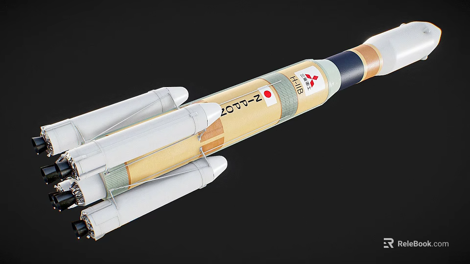 Detailed H-IIA Rocket Model With Golden Body White Boosters and Logo 3d model 