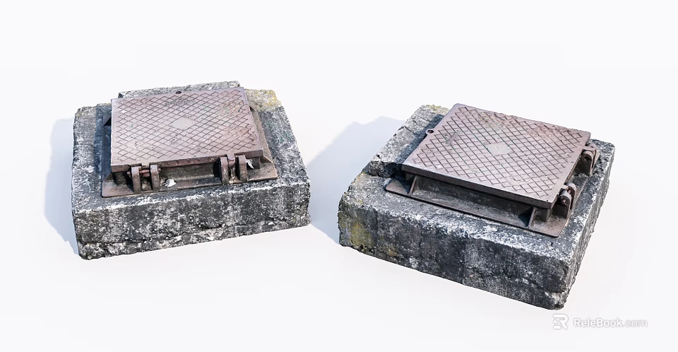 Road Facilities Featuring Metal Manhole Covers With Diamond Patterns On Stone Bases 3d model 