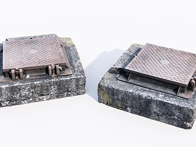 Road Facilities Featuring Metal Manhole Covers With Diamond Patterns On Stone Bases 3d model