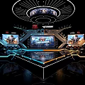 Futuristic Esports Competition Stage With Dazzling Red Neon Lights And Multiple Large Gaming Screens
