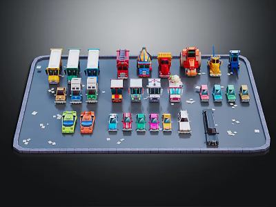Various Colorful Different Types of Toy Cars Arranged on Simulated Road Tray 3d model