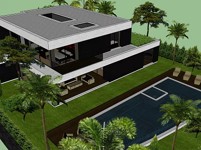 Modern Detached Villa Exterior With Swimming Pool Lawn And Palm Trees 3d model