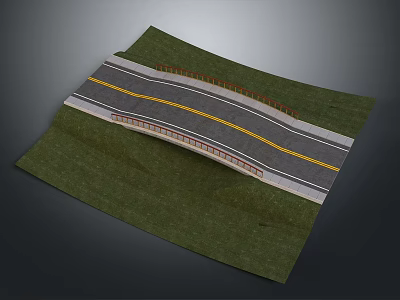 Road Bridge Structure With Green Grass Yellow Double Lines And Side Railings 3d model