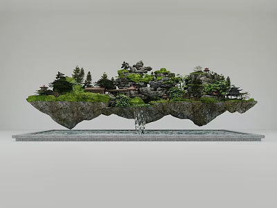 Floating Island Garden Landscape with Trees Pavilions Rock Formations and Waterfall Flowing into Water Surface 3d model