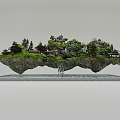 Floating Island Garden Landscape with Trees Pavilions Rock Formations and Waterfall Flowing into Water Surface