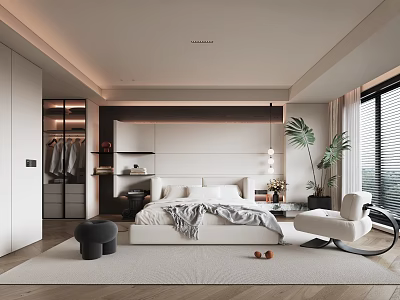 Modern Minimalist Bedroom Interior With Large Bed Wardrobe Accent Chair And Floor to Ceiling Windows 3d model