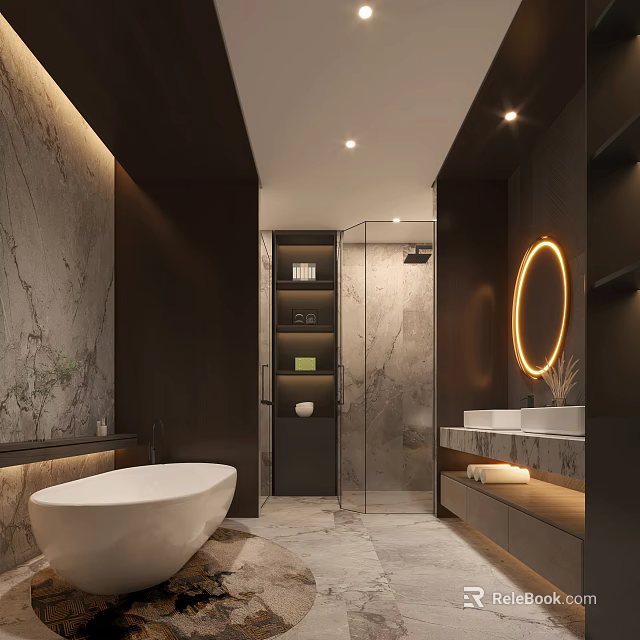 Modern Bathroom With Marble Walls Free Standing Bathtub Round Mirror Shower Area And Double Vanities 3d model 