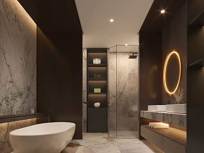 Modern Bathroom With Marble Walls Free Standing Bathtub Round Mirror Shower Area And Double Vanities 3d model