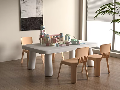 Kids Table With Sturdy Wooden Chairs And Colorful Building Blocks In Bright Play Area 3d model