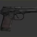 Detailed Pixel Style Pistol With Camouflage Pattern And Red Logo On Grip