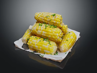 Grilled Corn Vegetable Topped with Fresh Green Herbs on White Plate 3d model