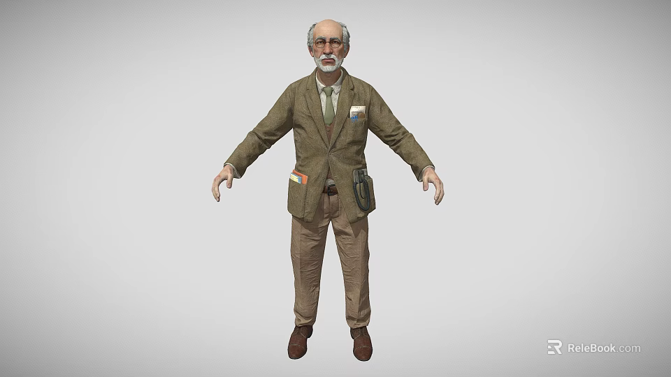 Elderly Man Wearing Brown Suit With Beard Eyeglasses And Pockets 3d model 