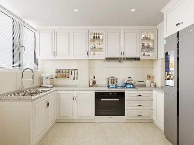 Modern Clean Kitchen Interior With White Cabinets Stainless Steel Appliances And Window Blinds 3d model