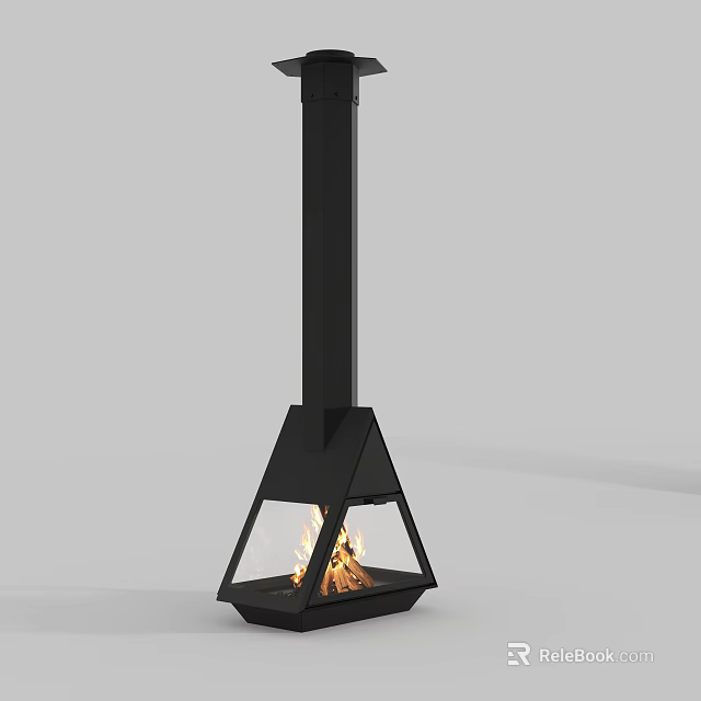 Black Triangle Design Fireplace with Glass Door and Burning Flame in Modern Interior 3d model 