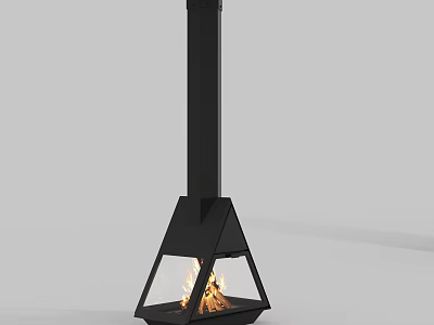 Black Triangle Design Fireplace with Glass Door and Burning Flame in Modern Interior 3d model
