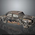 Rusted Vintage Car With Damaged Body And Peeling Paint On Black Reflective Surface