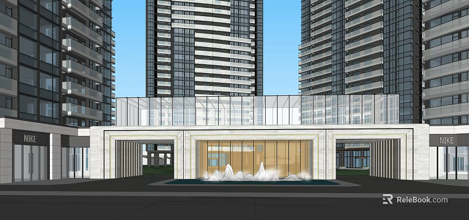 Modern Entrance Gate with Glass Curtain Wall Stone Decor and Water Feature Fronting High-Rise Buildings 3d model 